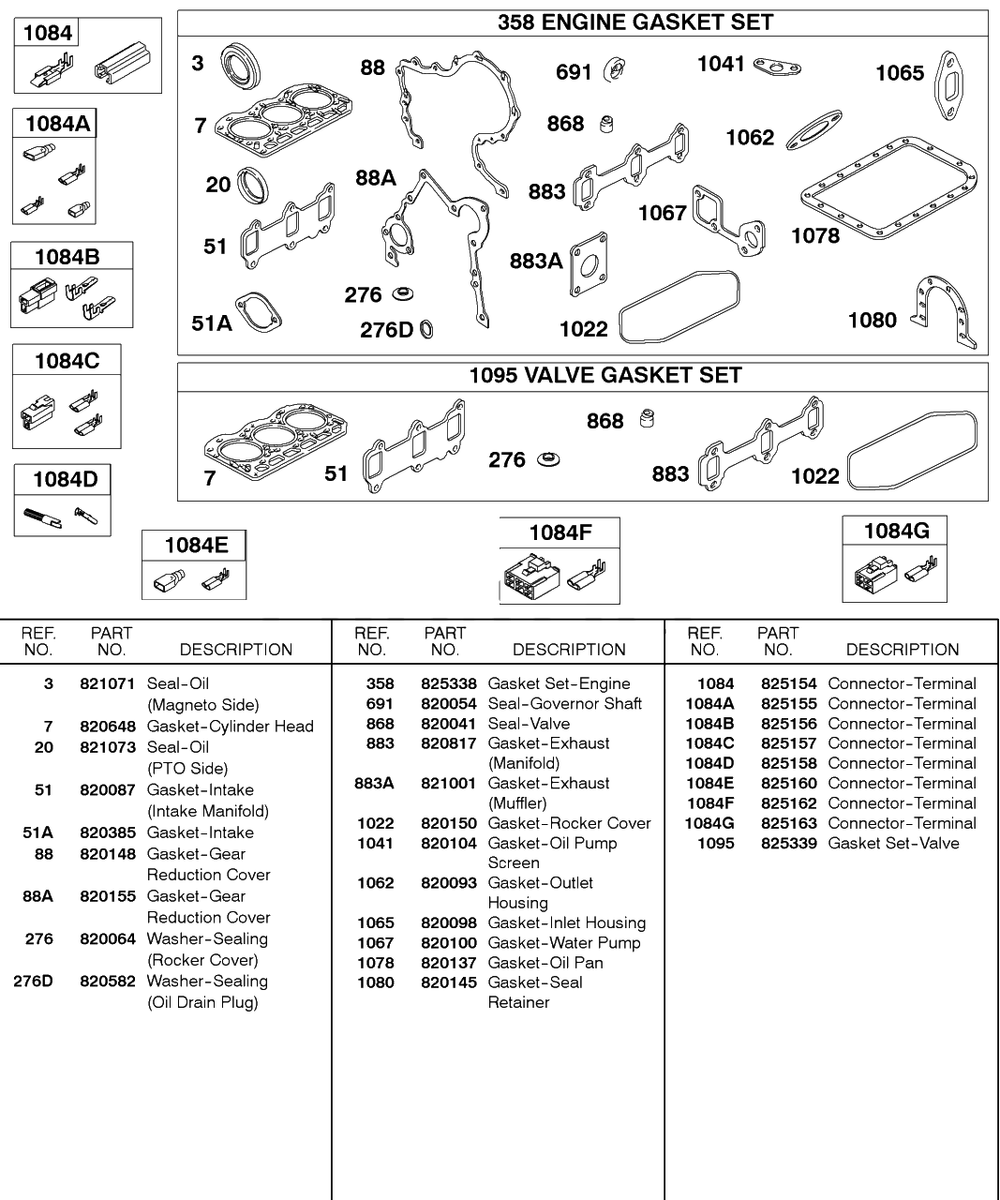 Engine Gasket Set, Valve Gasket Set, Connectors Diagram and Parts List for 589447-0334-XX  Briggs and Stratton Engine